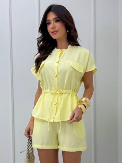 Dondoca_com_br Conjunto Blusa Botoes E Lacinho E Short Amarelo