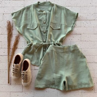 Dondoca_com_br Conjunto Blusa Botoes E Lacinho E Short Pistache