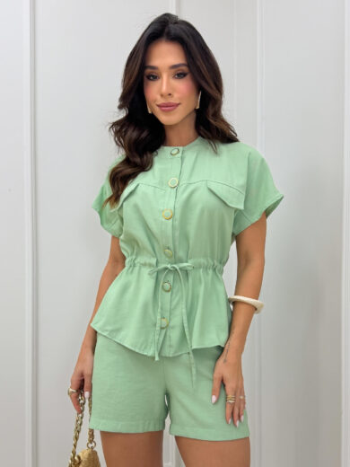 Dondoca_com_br Conjunto Blusa Botoes E Lacinho E Short Pistache