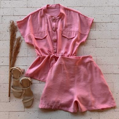 Dondoca_com_br Conjunto Blusa Botoes E Lacinho E Short Rosa