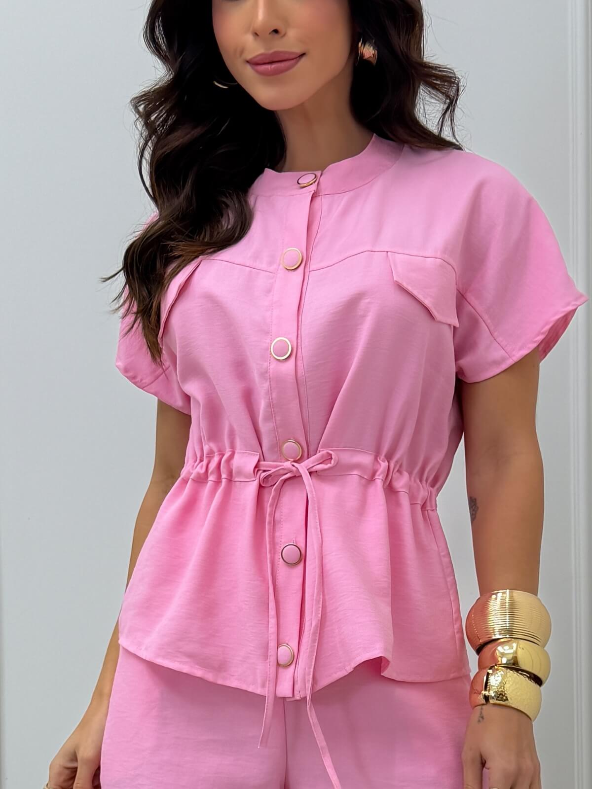 Dondoca_com_br Conjunto Blusa Botoes E Lacinho E Short Rosa