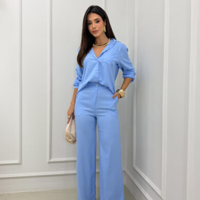 Dondoca_com_br Conjunto Linho Camisa Alongada E Pantalona Azul