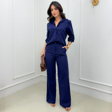 Dondoca_com_br Conjunto Linho Camisa Alongada E Pantalona Marinho