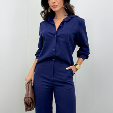 Dondoca_com_br Conjunto Linho Camisa Alongada E Pantalona Marinho