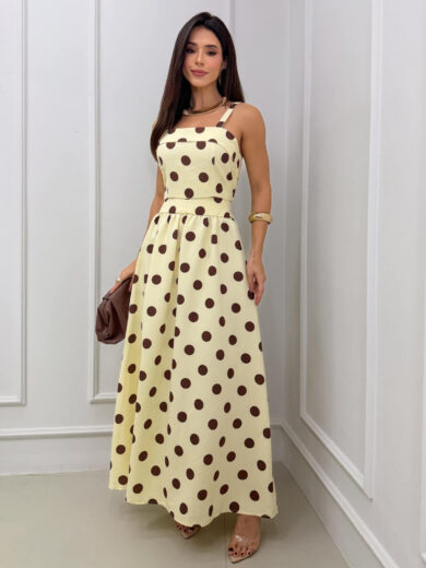 Dondoca_com_br Conjunto Poa Cropped E Saia Longa Amarelo