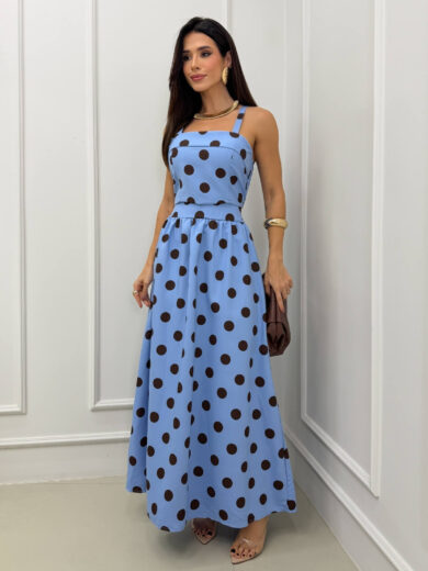 Dondoca_com_br Conjunto Poa Cropped E Saia Longa Azul