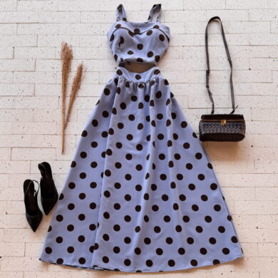 Dondoca_com_br Conjunto Poa Cropped E Saia Longa Azul