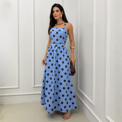 Dondoca_com_br Conjunto Poa Cropped E Saia Longa Azul