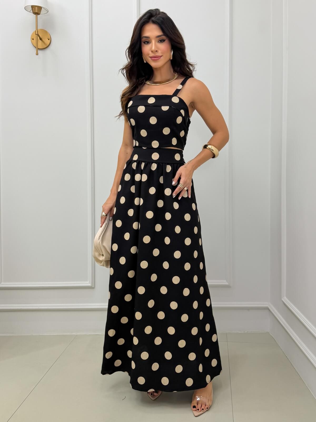 Dondoca_com_br Conjunto Poa Cropped E Saia Longa Preto E Bege