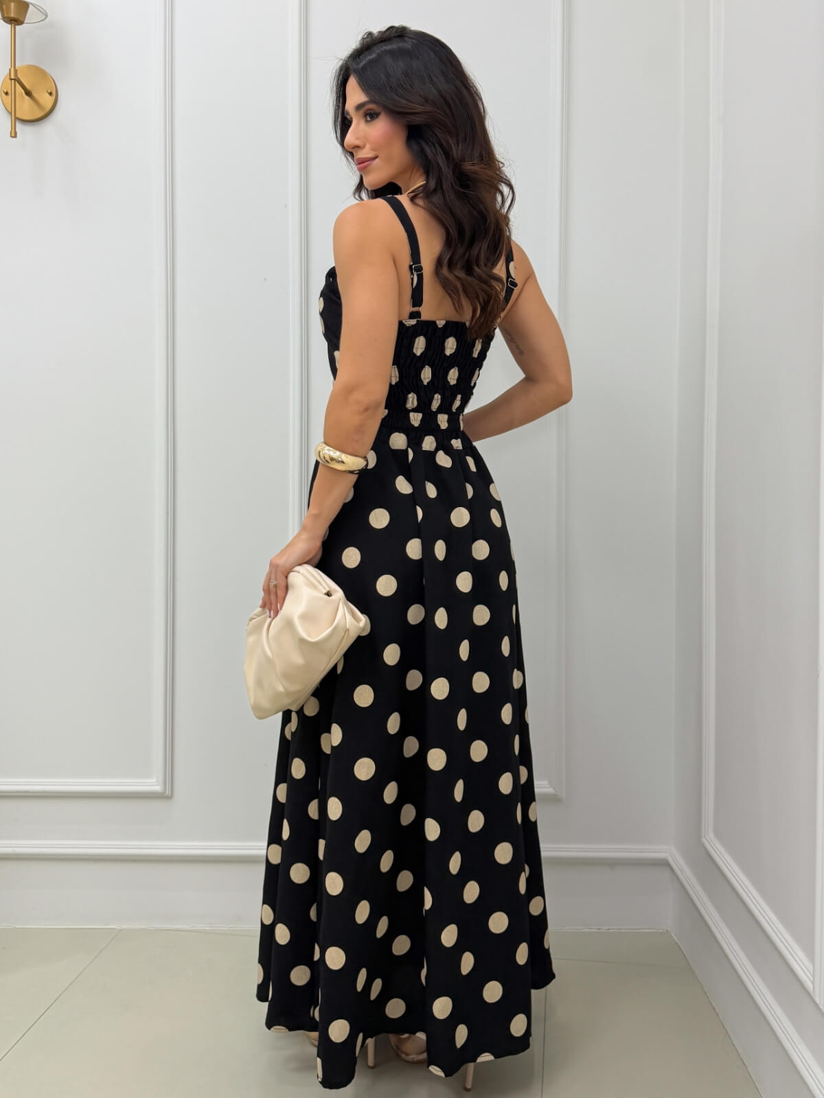 Dondoca_com_br Conjunto Poa Cropped E Saia Longa Preto E Bege