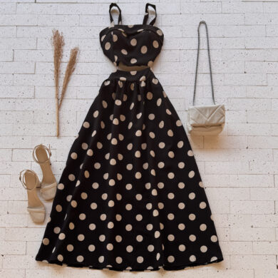 Dondoca_com_br Conjunto Poa Cropped E Saia Longa Preto E Bege