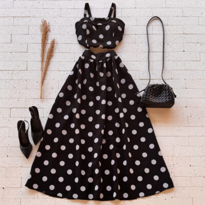 Dondoca_com_br Conjunto Poa Cropped E Saia Longa Preto E Off