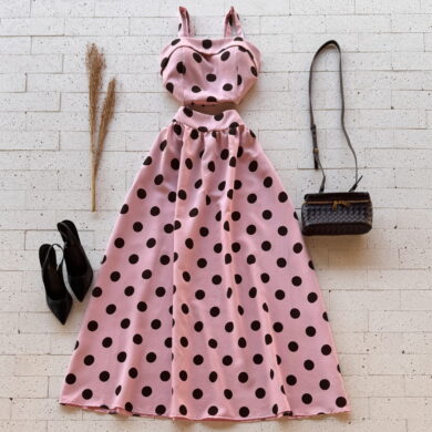 Dondoca_com_br Conjunto Poa Cropped E Saia Longa Rose