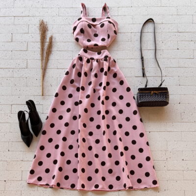 Dondoca_com_br Conjunto Poa Cropped E Saia Longa Rose