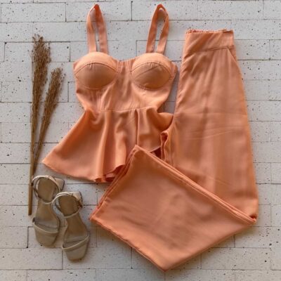 Dondoca_com_br Conjunto Regata Peplum Assimetrico E Pantalona Laranja