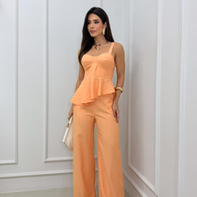 Dondoca_com_br Conjunto Regata Peplum Assimetrico E Pantalona Laranja