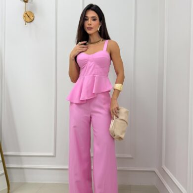 Dondoca_com_br Conjunto Regata Peplum Assimetrico E Pantalona Rosa