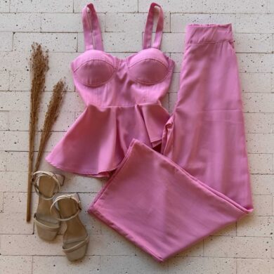 Dondoca_com_br Conjunto Regata Peplum Assimetrico E Pantalona Rosa