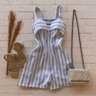 Dondoca_com_br Macaquinho Listrado Detalhe Pregas No Decote Azul