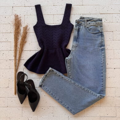 Dondoca_com_br Regata Modal Peplum Ponto Detalhado Marinho