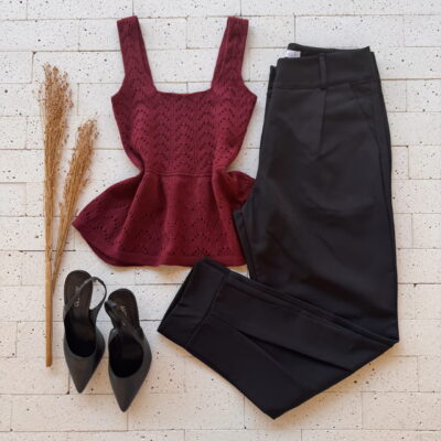 Dondoca_com_br Regata Modal Peplum Ponto Detalhado Vinho