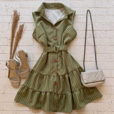 Dondoca_com_br Vestido Listrado Com Cinto E Gola Pistache