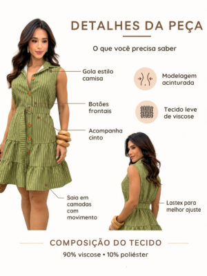 Dondoca_com_br Vestido Listrado Com Cinto E Gola Pistache