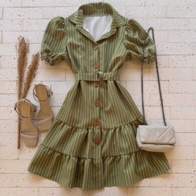 Dondoca_com_br Vestido Listrado Princesa Com Cinto E Gola Pistache