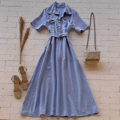 Dondoca_com_br Vestido Longuete Chemise Premium Com Cinto E Bolsos Azul