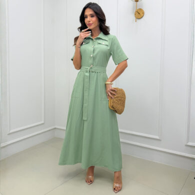 Dondoca_com_br Vestido Longuete Chemise Premium Com Cinto E Bolsos Pistache