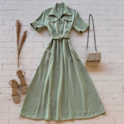 Dondoca_com_br Vestido Longuete Chemise Premium Com Cinto E Bolsos Pistache