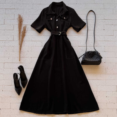Dondoca_com_br Vestido Longuete Chemise Premium Com Cinto E Bolsos Preto