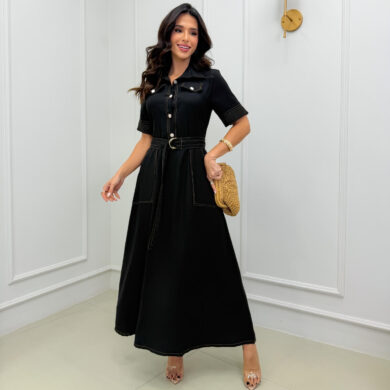 Dondoca_com_br Vestido Longuete Chemise Premium Com Cinto E Bolsos Preto