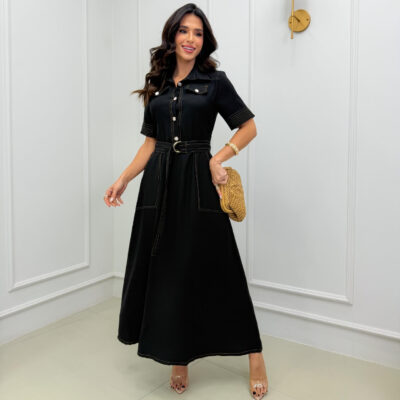 Dondoca_com_br Vestido Longuete Chemise Premium Com Cinto E Bolsos Preto