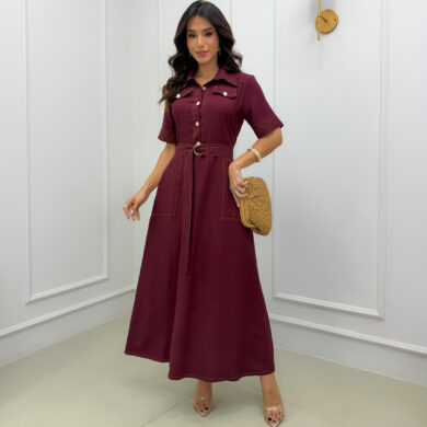 Dondoca_com_br Vestido Longuete Chemise Premium Com Cinto E Bolsos Vinho