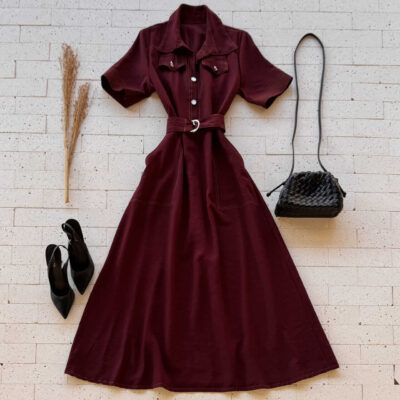 Dondoca_com_br Vestido Longuete Chemise Premium Com Cinto E Bolsos Vinho