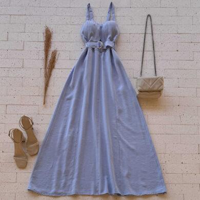 Dondoca_com_br Vestido Longuete Marrant Detalhe Abertura E Cinto Azul