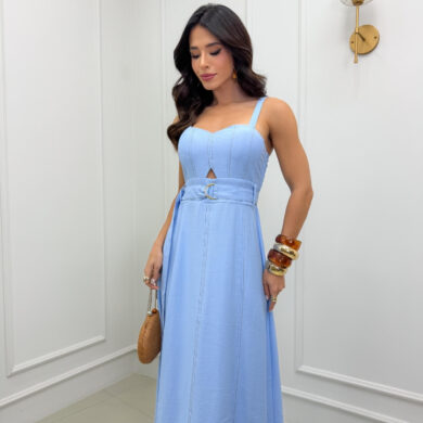 Dondoca_com_br Vestido Longuete Marrant Detalhe Abertura E Cinto Azul