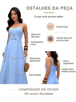 Dondoca_com_br Vestido Longuete Marrant Detalhe Abertura E Cinto Azul