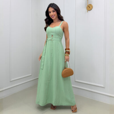 Dondoca_com_br Vestido Longuete Marrant Detalhe Abertura E Cinto Pistache