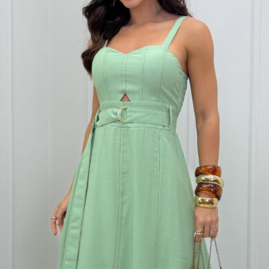 Dondoca_com_br Vestido Longuete Marrant Detalhe Abertura E Cinto Pistache