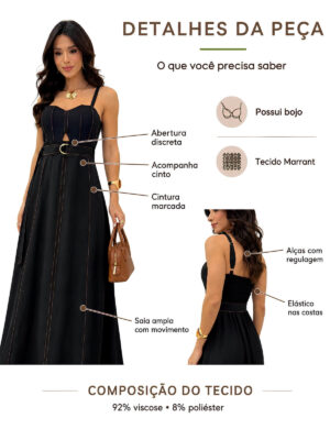 Detalhes do Vestido Longuete Marrant Detalhe Abertura E Cinto Preto