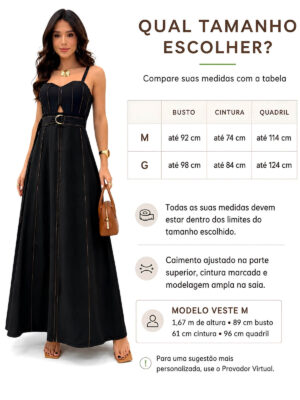 Qual tamanho escolher do Vestido Longuete Marrant Detalhe Abertura E Cinto Preto