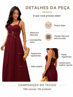 Dondoca_com_br Vestido Longuete Marrant Detalhe Abertura E Cinto Vinho