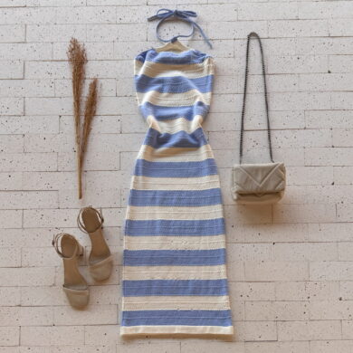 Dondoca_com_br Vestido Modal Midi Listrado Ponto Detalhado Azul