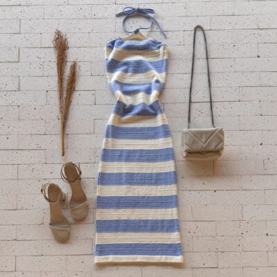 Dondoca_com_br Vestido Modal Midi Listrado Ponto Detalhado Azul
