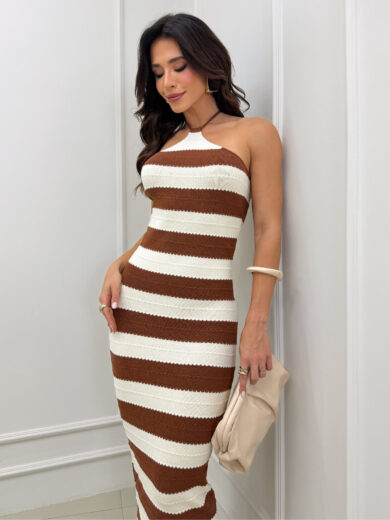 Dondoca_com_br Vestido Modal Midi Listrado Ponto Detalhado Marrom