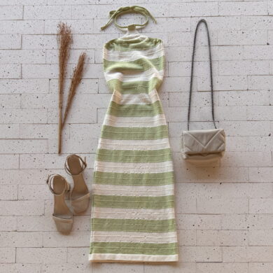 Dondoca_com_br Vestido Modal Midi Listrado Ponto Detalhado Pistache
