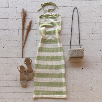 Dondoca_com_br Vestido Modal Midi Listrado Ponto Detalhado Pistache