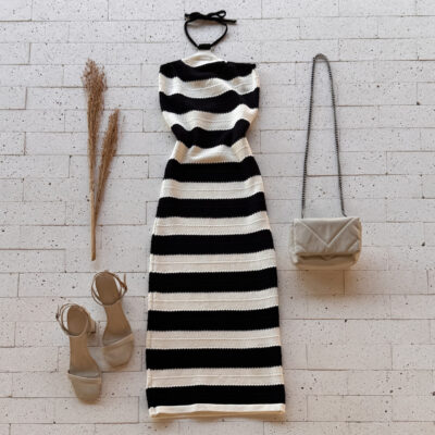 Dondoca_com_br Vestido Modal Midi Listrado Ponto Detalhado Preto